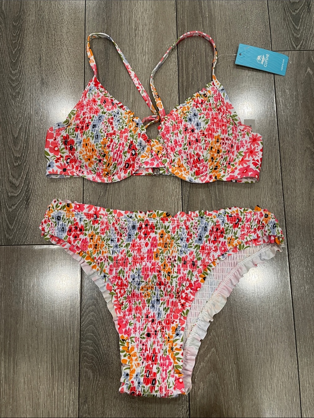 Cupshe Pink Multi Floral Smocked Two-Piece Bikini